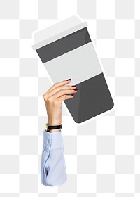 Hand holding png coffee cup sticker, transparent background