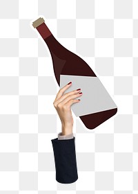 Hand holding png wine bottle sticker, transparent background