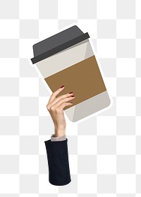 Hand holding png coffee cup sticker, transparent background
