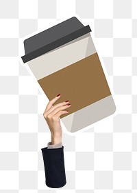 Hand holding png coffee cup sticker, transparent background