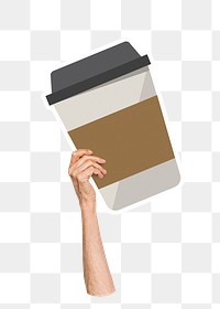 Hand holding png coffee cup sticker, transparent background