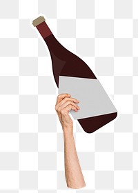 Hand holding png wine bottle sticker, transparent background