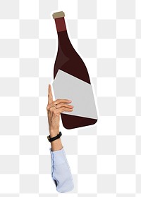 Hand holding png wine bottle sticker, transparent background