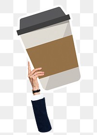 Hand holding png coffee cup sticker, transparent background