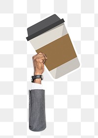 Hand holding png coffee cup sticker, transparent background