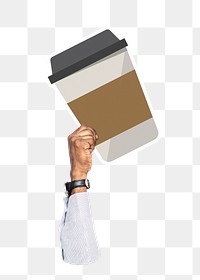 Hand holding png coffee cup sticker, transparent background