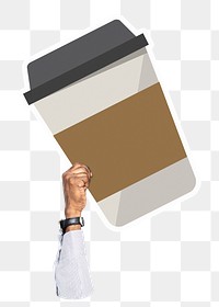 Hand holding png coffee cup sticker, transparent background