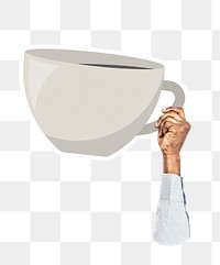 Hand holding png coffee cup sticker, transparent background