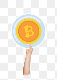 Hand holding png bitcoin sticker, transparent background