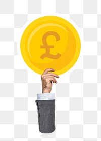 Hand holding png Pound coin clipart, transparent background