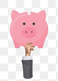 Hand holding png piggy bank clipart, transparent background