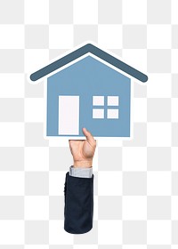 Hand holding png house icon clipart, transparent background