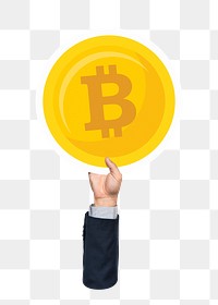 Hand holding png bitcoin sticker, transparent background