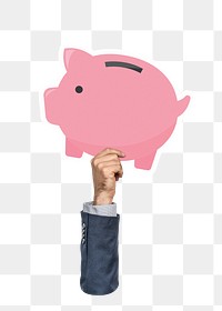 Hand holding png piggy bank clipart, transparent background