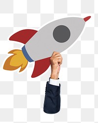 Hand holding png spaceship rocket, transparent background