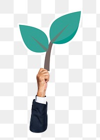 Hand holding leaf png sticker, transparent background