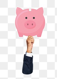 Hand holding png piggy bank clipart, transparent background