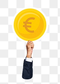Hand holding png EURO coin clipart, transparent background