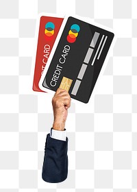 Hand holding png credit card sticker, finance graphic, transparent background