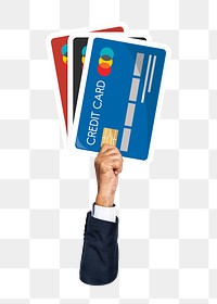 Hand holding png credit card sticker, finance graphic, transparent background
