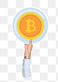 Hand holding png bitcoin sticker, transparent background