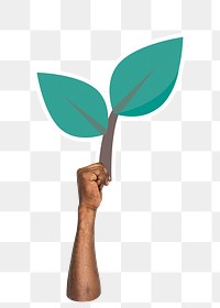 Hand holding leaf png sticker, transparent background