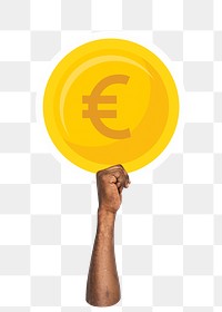 Hand holding png EURO coin clipart, transparent background