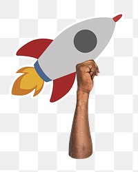 Hand holding png spaceship rocket, transparent background