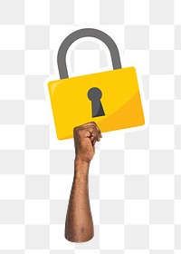 Hand holding png padlock clipart, transparent background