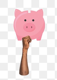 Hand holding png piggy bank clipart, transparent background