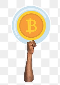 Hand holding png bitcoin sticker, transparent background