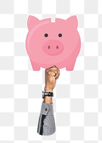 Hand holding png piggy bank clipart, transparent background