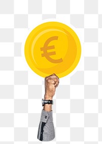 Hand holding png EURO coin clipart, transparent background