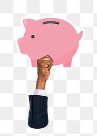 Hand holding png piggy bank clipart, transparent background