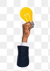 Hand holding png light bulb clipart, transparent background