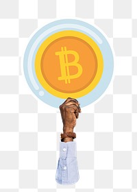 Hand holding png bitcoin sticker, transparent background