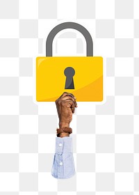 Hand holding png padlock clipart, transparent background