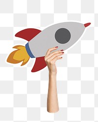 Hand holding png spaceship rocket, transparent background