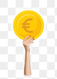 Hand holding png EURO coin clipart, transparent background