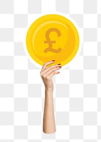 Hand holding png Pound coin clipart, transparent background