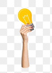 Hand holding png light bulb clipart, transparent background