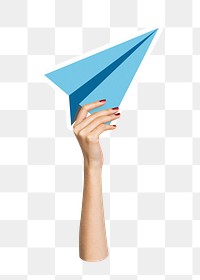 Hand holding png paper plane clipart, transparent background