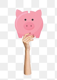 Hand holding png piggy bank clipart, transparent background