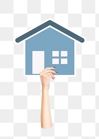 Hand holding png house icon clipart, transparent background