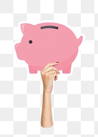 Hand holding png piggy bank clipart, transparent background