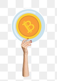 Hand holding png bitcoin sticker, transparent background