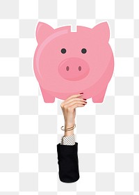 Hand holding png piggy bank clipart, transparent background