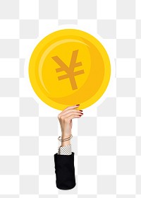 Hand holding png Yen coin clipart, transparent background