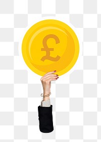 Hand holding png Pound coin clipart, transparent background