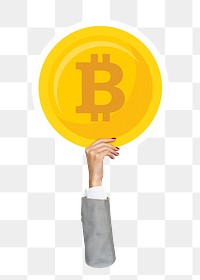 Hand holding png bitcoin sticker, transparent background